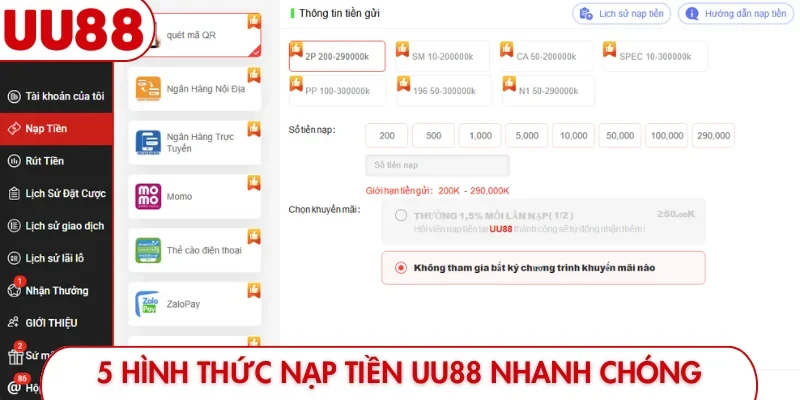 5 hình thức nạp tiền UU88 nhanh chóng